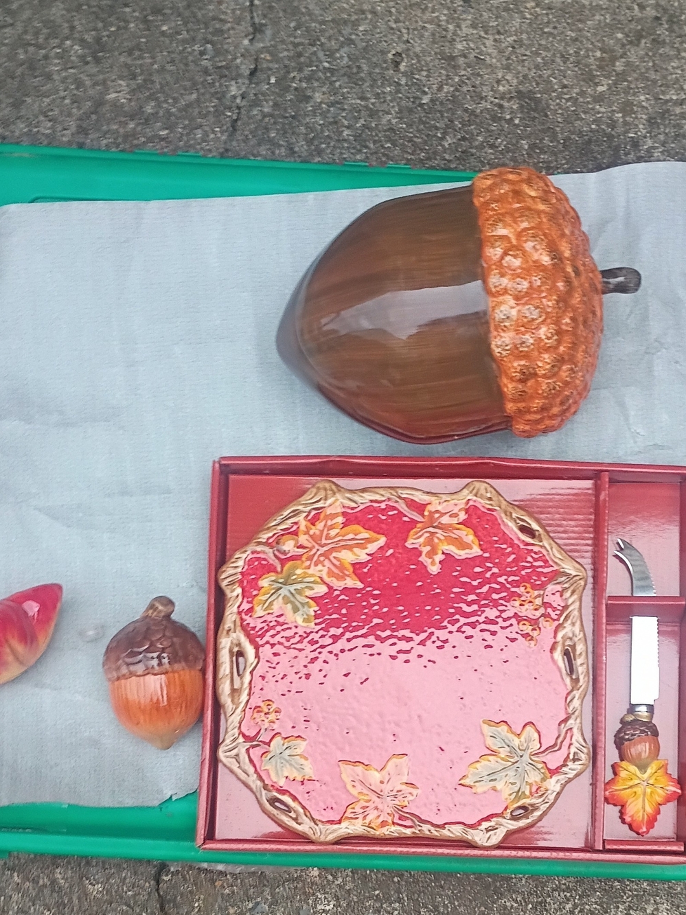 Fall Decor Acorn Candy Dish, Salt And Pepper Shackers And Bread Serving Tray.